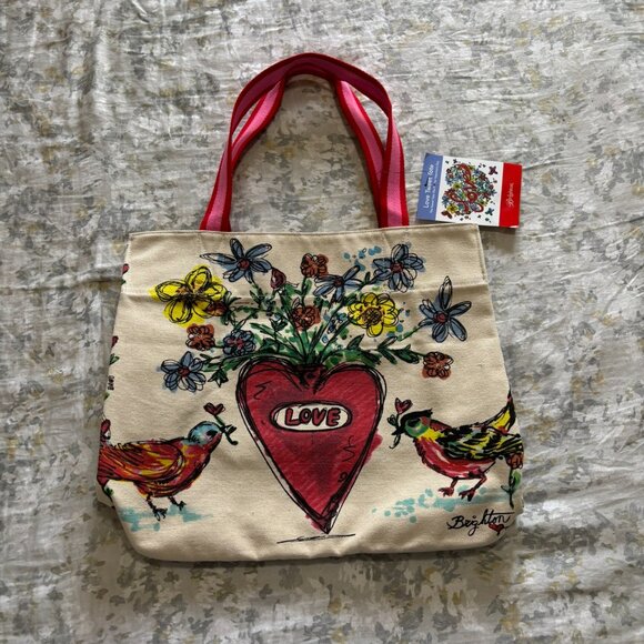 Brighton Beige Cream Pink Red Striped Birds Love Tweet Tote Bag Limited Edition - Picture 7 of 10